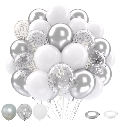 Patimate White and Silver Balloons Set 50 pcs 12 inch - color: White Silver