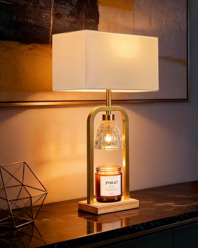 PoKat 2 in 1 Gold Table Lamp with Candle Warmer, Timer & Dimmer, Modern - color: Set of 1 - Brushed Gold With Wood-print Finish