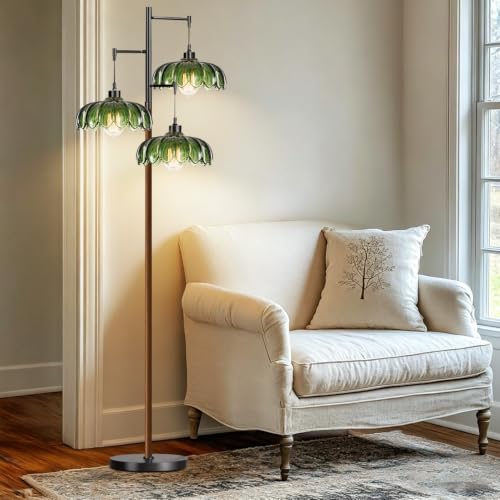 QIYIZM Glass Floor Lamp for Living Room,Bedroom, Stained Green Mid Century Modern Standing Lamp Wood Tree 3 Light Tall Floor Lamps Vintage Retro Black Floor Lights Flower LampShade Boho Bohemian - size: Floor Lamp--29