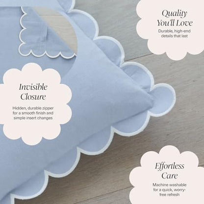 BEBE BASK Scalloped Pillow Cover Set of 2, 18x18, Cotton - Sky Blue/White - color: Sky Blue/White