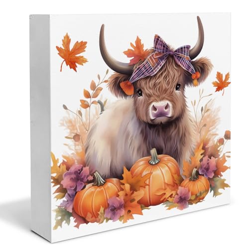 Fall Decor Fall Home Wooden Box Sign Autumn Harvest Thanksgiving Decorations Rustic Home Desk Shelf Tabletop Decor 5 x 5 Inches - color: Multicolor Cow