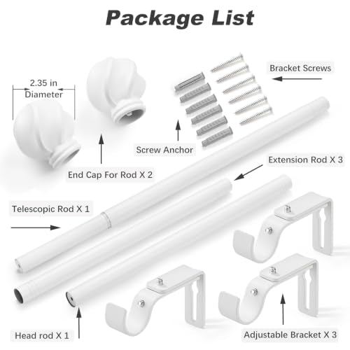 LLPJS Curtain Rods 16-76", 1 in Adjustable White Rod with Finials, 1 Pack - color: White, size: 16" to 76" - 1 pack