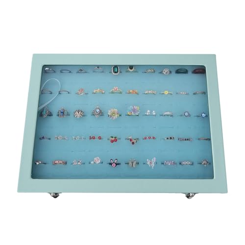 100 Slots Jewelry Ring Holder Box with Dust-proof Clear Glass Lid - color: Blue-100 rings