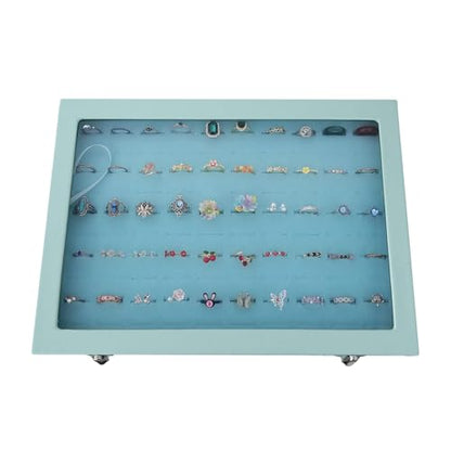 100 Slots Jewelry Ring Holder Box with Dust-proof Clear Glass Lid - color: Blue-100 rings
