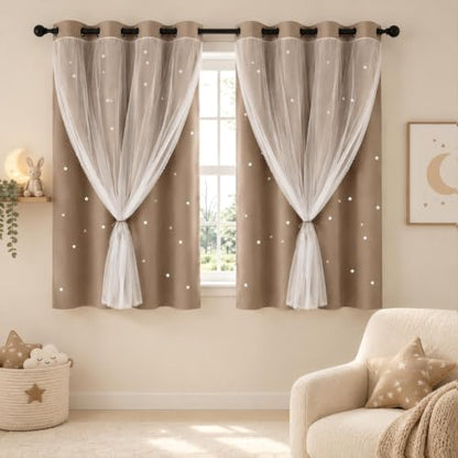 Coffee Kids Star Cutout Curtains for Bedroom 52" W x 45" L 2 Panels - color: Coffee, size: 52"W x 45"L (Pack of 2)