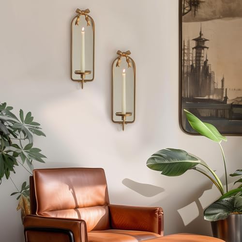 Gold Mirrored Candle Sconces Set of 2 with Arch Metal Frame - color: Gold