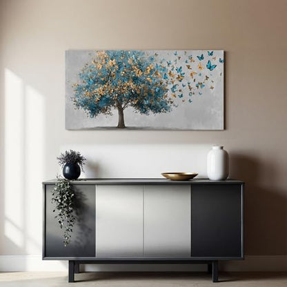 YISXINOAG Blue Gold Tree of Life Wall Art Butterfly Landscape Print 20"X40" - color: grey green, size: 40"L x 20"W