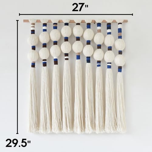 Macrame Wall Hanging Spherical Cotton Rope Woven Tassel Decor 27"W*29"L - color: White and Blue