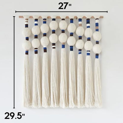 Macrame Wall Hanging Spherical Cotton Rope Woven Tassel Decor 27"W*29"L - color: White and Blue