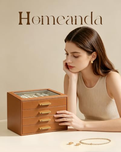 Homeanda Jewelry Boxes Organizer with Glass Lid, 4-Layer PU Leather, Brown - color: Brown, size: 4 Layer