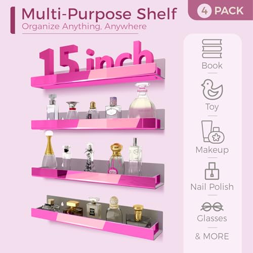 4 Pack 15 Inch Pink Reflective Acrylic Floating Wall Shelves - color: 15in-pink Mirror