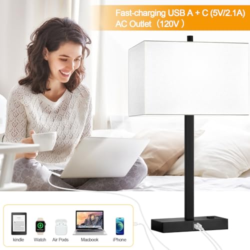 Lynnoland 21" Set of 2 Table lamp with USB A+C & AC Outlets, Touch Control 3-Way Dimmable Nightstand Lamps for Bedroom Living Room Office Reading, White Shade Touch Lamps, 5000K LED Bulbs Included - color: White Line & Matte Black