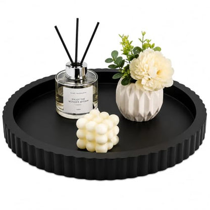 Black Round Wood Tray, 11 in Fluted Vanity Tray - color: Black