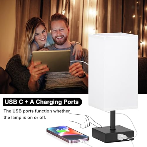 Touch Table Lamp for Bedroom - Dimmable, USB C+A, White Lamphade Black Base - color: White & Black