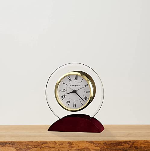 Howard Miller Dana Tabletop Clock – Curved Beveled Glass, Wooden Base, Battery Operated Alarm, Roman Numerals, Analog Desk Clock