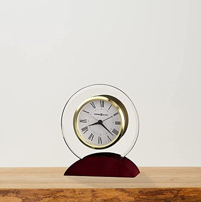 Howard Miller Dana Tabletop Clock – Curved Beveled Glass, Wooden Base, Battery Operated Alarm, Roman Numerals, Analog Desk Clock