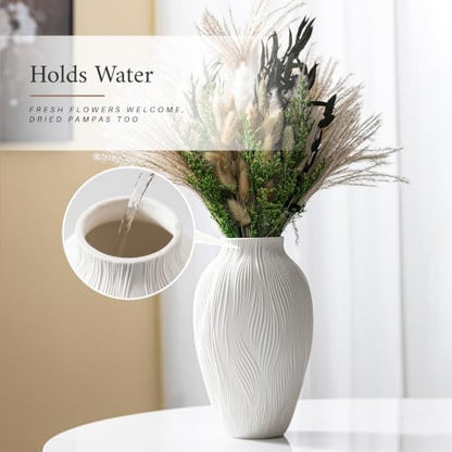 White Ceramic Vase for Pampas Grass, 9.2 Inch Wavy Textured Vase Gift - color: Windblown Texture Vase