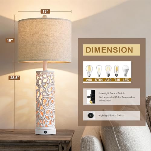 OYEARS 2-in-1 Light Table Lamp Set of 2 for Living Room, 28.5" Farmhouse Bedside Lamps with USB Charging Port, Main&Night Light & Dual Switches, Nightstand Lamp for Bedroom Home Office(Bulb Included) - color: Matte White
