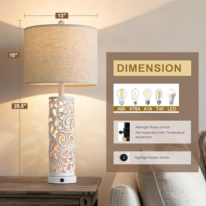 OYEARS 2-in-1 Light Table Lamp Set of 2 for Living Room, 28.5" Farmhouse Bedside Lamps with USB Charging Port, Main&Night Light & Dual Switches, Nightstand Lamp for Bedroom Home Office(Bulb Included) - color: Matte White