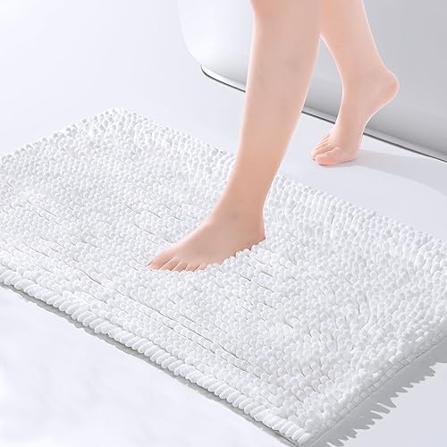 FRESHMINT Large Chenille Bathroom Rugs Mat 36”x24”, Non-Slip Bath Matf or Bathroom Floor & Bathtub, Washable Shower Shag Bath Rugs, Soft Fluffy Thick Water Absorbent Microfiber Shower Mat, White - color: White, size: 2' x 3' (Rectangular)