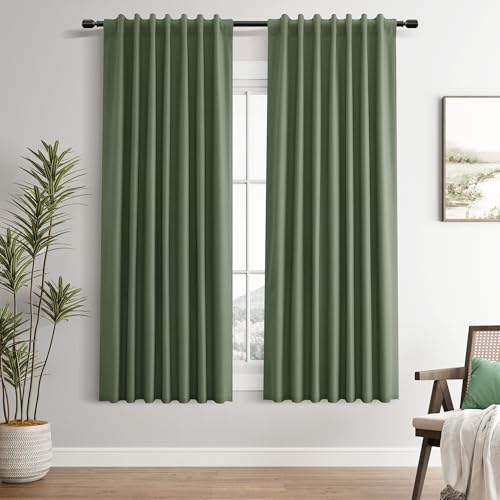 Olive Green Linen 100% Blackout Curtains 63 Inch Length Back Tab Elegant Home Decor Room Darkening Black Out Insulated Door Privacy Curtain for Room Divider Basement Kitchen Olive 2 Panels Set 52x63 - color: Olive Green, size: 52"W x 63"L (Pack of 2)