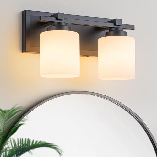 Modern Bathroom Light Fixtures Over Mirror, Vanity Lights for Bathroom Wall Sconces with Milky White Glass Shades, E26 Socket (Bulbs Not Included), 2 Light, Black - color: Black, size: 12.20 inch-2-Light