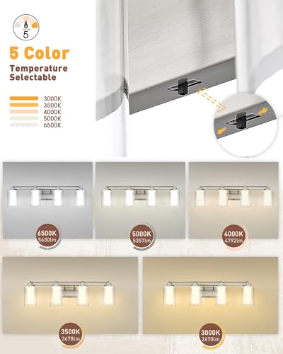 HWH Bathroom Vanity Light, Brushed Nickel, 4-Light, 5CCT, 5HLT63B-4W-LED BN - color: Brushed Nickel + LED, size: 4 Lights