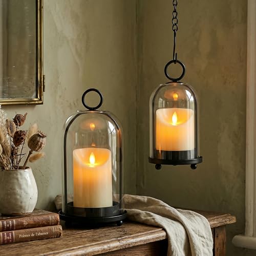 Hurricane Candle Holders Set of 2-10" & 7.8" Black Metal Base with Glass Dome, Includes 2 Pillar Candles, Hanging or Tabletop Centerpiece (Batteries Not Included)