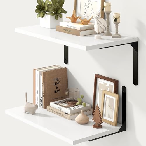 Fun Memories Floating Shelves for Wall, 12 Inch Deep Floating Shelves Set of 2, Wall Mounted Shelf with Metal Brackets, Rustic Wood Wide Shelf for Bathroom, Kitchen and Living Room, White, 24W x 12D - color: White | L Bracket, size: 24"L x 12"D