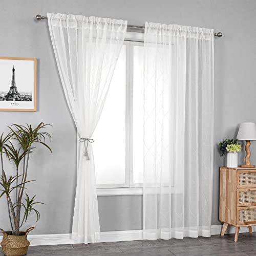 VISIONTEX White Sheer Curtains Beige Dots Moroccan Embroidered 63 Inches - color: Dots-beige, size: 54"W x 63"L (Pack of 2)
