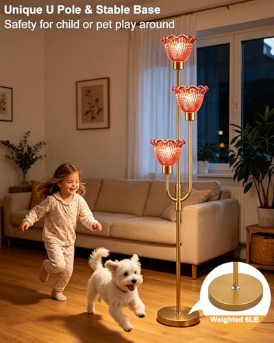 Glass Floor Lamp 66IN 3-Light Modern Red Glass Gold Dimmable Floor Lamps - color: Deep Red Flower-Gold