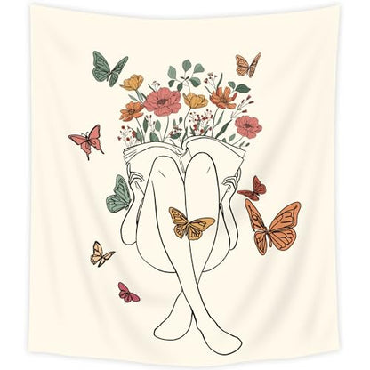 Abstract Woman Tapestry Boho Butterfly Floral Reading Book Wall Hanging - color: Abstract Woman（Beige）, size: 59"L x 51"W
