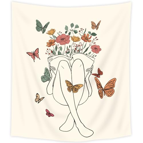 Abstract Woman Tapestry Boho Butterfly Floral Reading Book Wall Hanging - color: Abstract Woman（Beige）, size: 59"L x 51"W