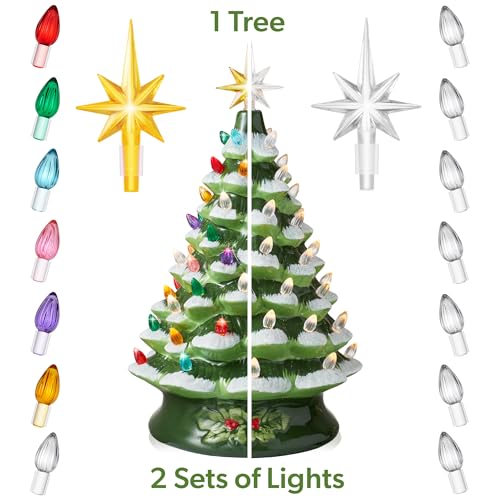 Casafield Hand Painted Ceramic Christmas Tree, Green Snow Flocked 15-Inch Pre-Lit Tree with 128 Multi-Color Lights and 2 Star Toppers - color: Green Snow Flocked