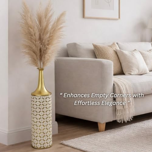 Leewadee Large Floor Vase 26 inches Metal for Pampas Grass, Dried Flowers - color: Gold, White