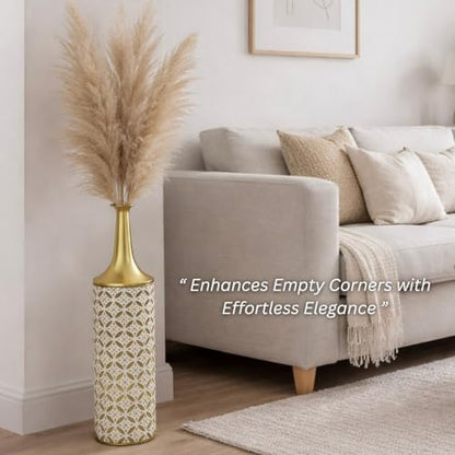 Leewadee Large Floor Vase 26 inches Metal for Pampas Grass, Dried Flowers - color: Gold, White