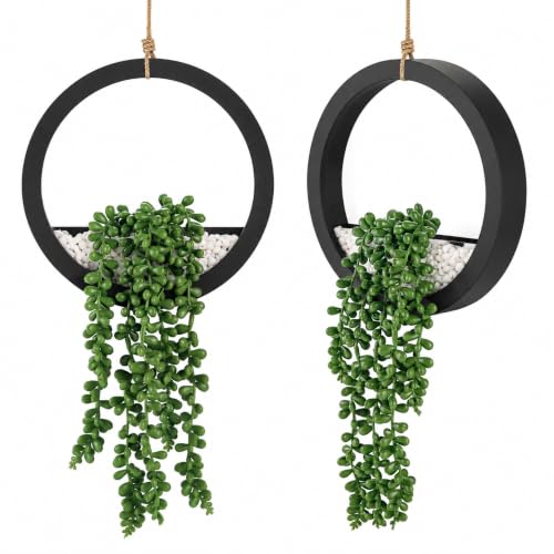 Der Rose 2 Pack Hanging Artificial String of Pearls for Wall Decor | 16" Faux Succulent Wall Art in Black Ring Planter with Rope, Boho Greenery for Bathroom, Bedroom & Living Room, Ready to Hang - color: Black, size: 7.87"W * 16"H