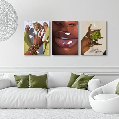 Hianan Wrapped Canvas Fashion Black Woman Wall Art Set of 3, 12x16 in - color: Yellow-Green, size: 16"L x 12"W