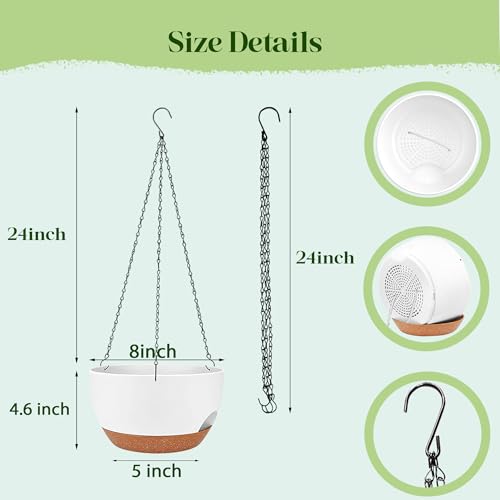 실내 실외용 10.2-20.3cm(4-8인치) 자체 급수 벽걸이 화분 세트, 배수 및 탈착식 트레이가 있는 벽걸이 화분 홀더, 아이비, 화분, 양치류, 발코니 및 파티오용, 화이트 브라운 - color: 화이트 브라운.