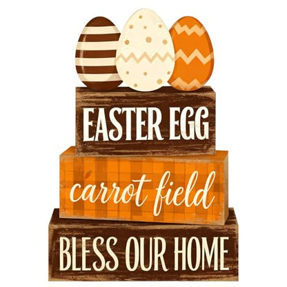 Easter Decorations - Easter Egg Carrot Field Tiered Tray Decor - Wooden Farmhouse Easter Tabletop Sign with Eggs & Carrot Theme - Rustic Spring Home Decor for Shelf Mantel Kitchen - Spring Home Decor for Living Room, Kitchen Counter - style: Egg