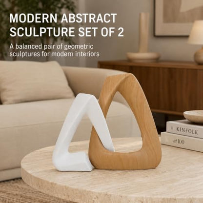 FUNTEREST Modern Abstract Sculpture Set of 2, White & Wood Grain Home Decor