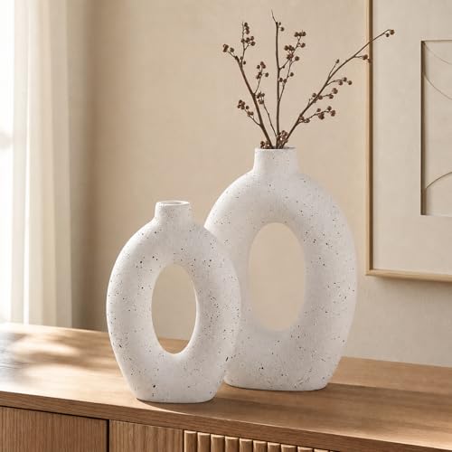 LE TAUCI Ceramic Vases Set of 2, White Hollow Donut Flower Vases, Nordic Decor Decorative Centerpiece for Living Room, Office Table, Shelf, Mantel, White Speckled (H10.5”xW8.5”) - color: White Speckled
