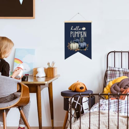 LARNDUMAMA Blue Fall Pumpkins Wall Art Canvas Banner Poster for Bathroom - color: blue