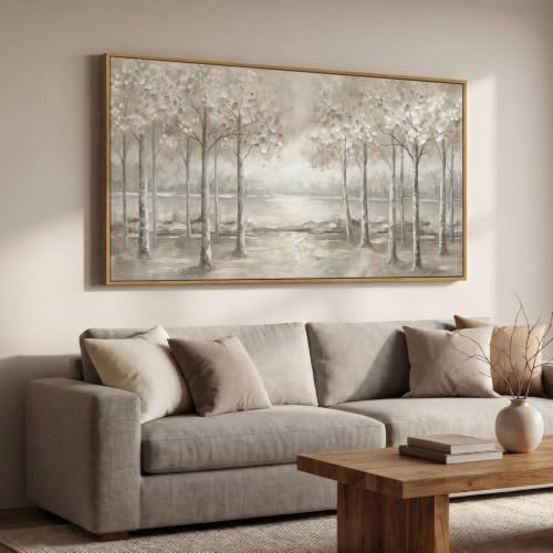 Framed Birch Tree Forest Landscape Wall Art for Living Room, 60x30 Inch - color: White Gray