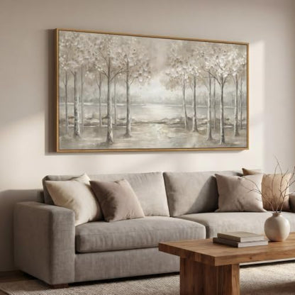Framed Birch Tree Forest Landscape Wall Art for Living Room, 60x30 Inch - color: White Gray
