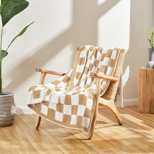 CozeCube Beige White Reversible Checkered Knit Throw Blanket 50"x60" - color: Khaki Tan, size: 50"x60"
