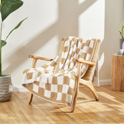 CozeCube Beige White Reversible Checkered Knit Throw Blanket 50"x60" - color: Khaki Tan, size: 50"x60"