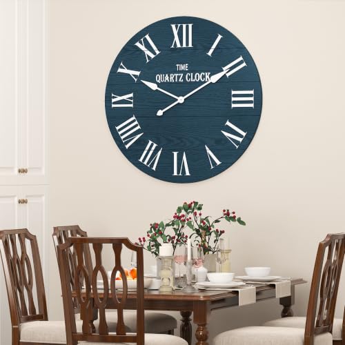 ARTPOWER 35.5" Extra Large Farmhouse Wall Clock,Solid Wood Veneer,Navy Blue - color: Blue, size: 35.5"W x 35.5"H