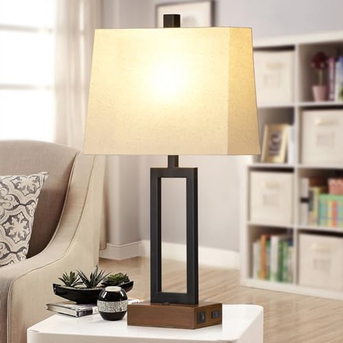 Lolikit Table Lamp for Bedroom Set of 2 with 2 USB Ports and AC Power Outlet, 23.5" Modern Bedside Lamp, Wood Nightstand Lamp with Linen Shade for Living Room Hotel Desk(LED Bulb Included) - color: Beige - 23.5"H