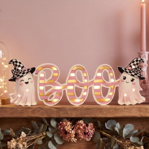 Geetery Pink Halloween LED Wooden Sign Rustic Wooden Word Sign for Home - style: Pink Ghost